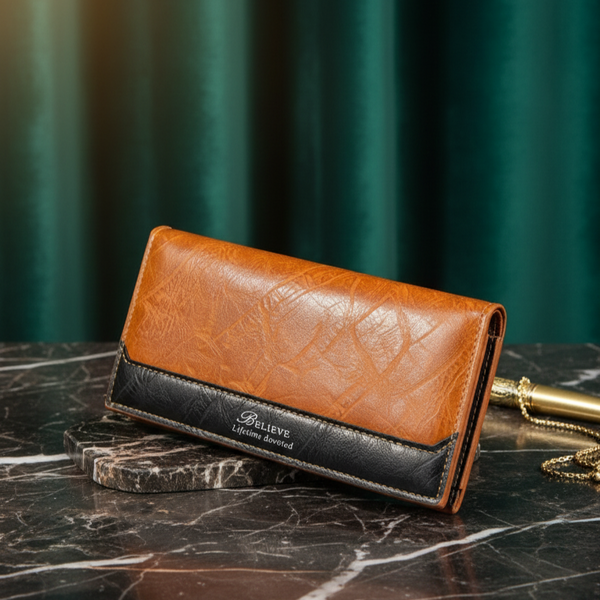 BELIEVE High-Contrast Bifold Wallet - Caramel Tan and Black