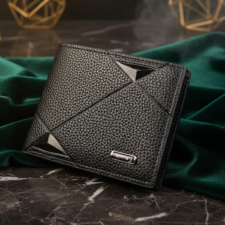 Binfa Premium Grain Black Leather Bi-Fold Wallet