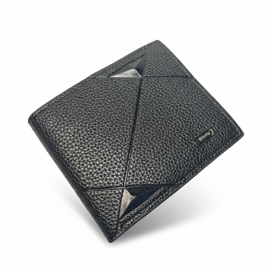 Binfa Premium Grain Black Leather Bi-Fold Wallet