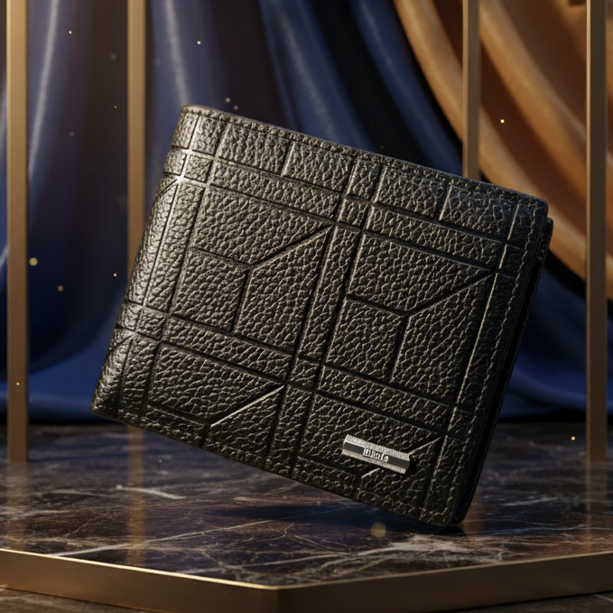 Binfa Imported Geometric Black Leather Bifold Wallet