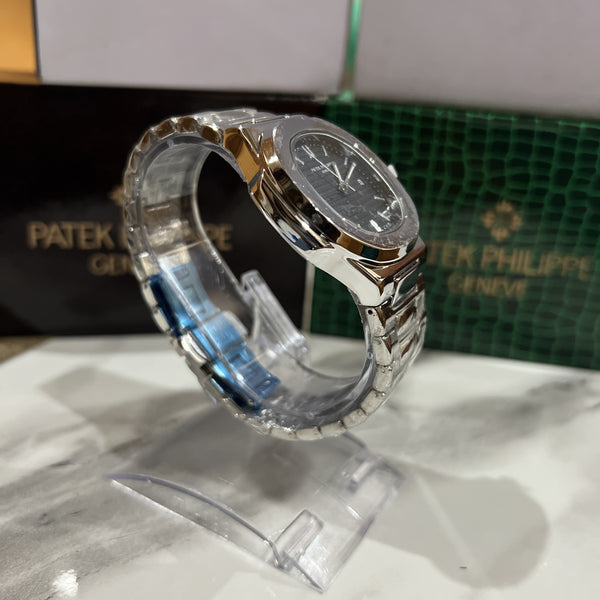 PATEK PHILIPPE SILVER WITH BLACK DIAL WITH DATE