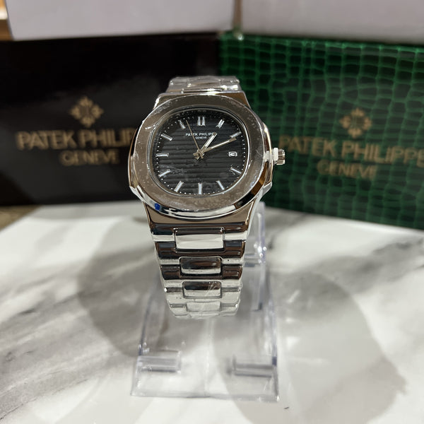 PATEK PHILIPPE SILVER WITH BLACK DIAL WITH DATE