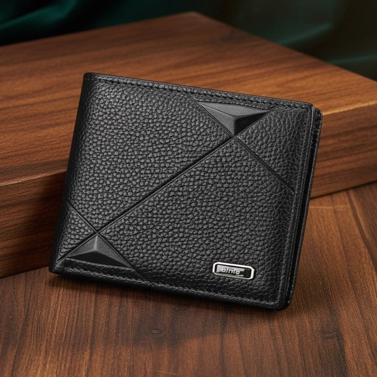 Binfa Premium Grain Black Leather Bi-Fold Wallet