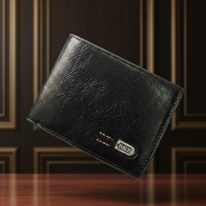 BALISI Men's Classic Bi-Fold Black Wallet - Premium Textured Leather