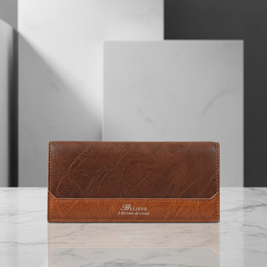 BELIEVE Vintage Brown Two-Tone Long Wallet