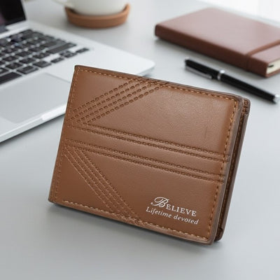 BELIEVE Classic Rich Caramel Brown Bi-Fold Leather Wallet